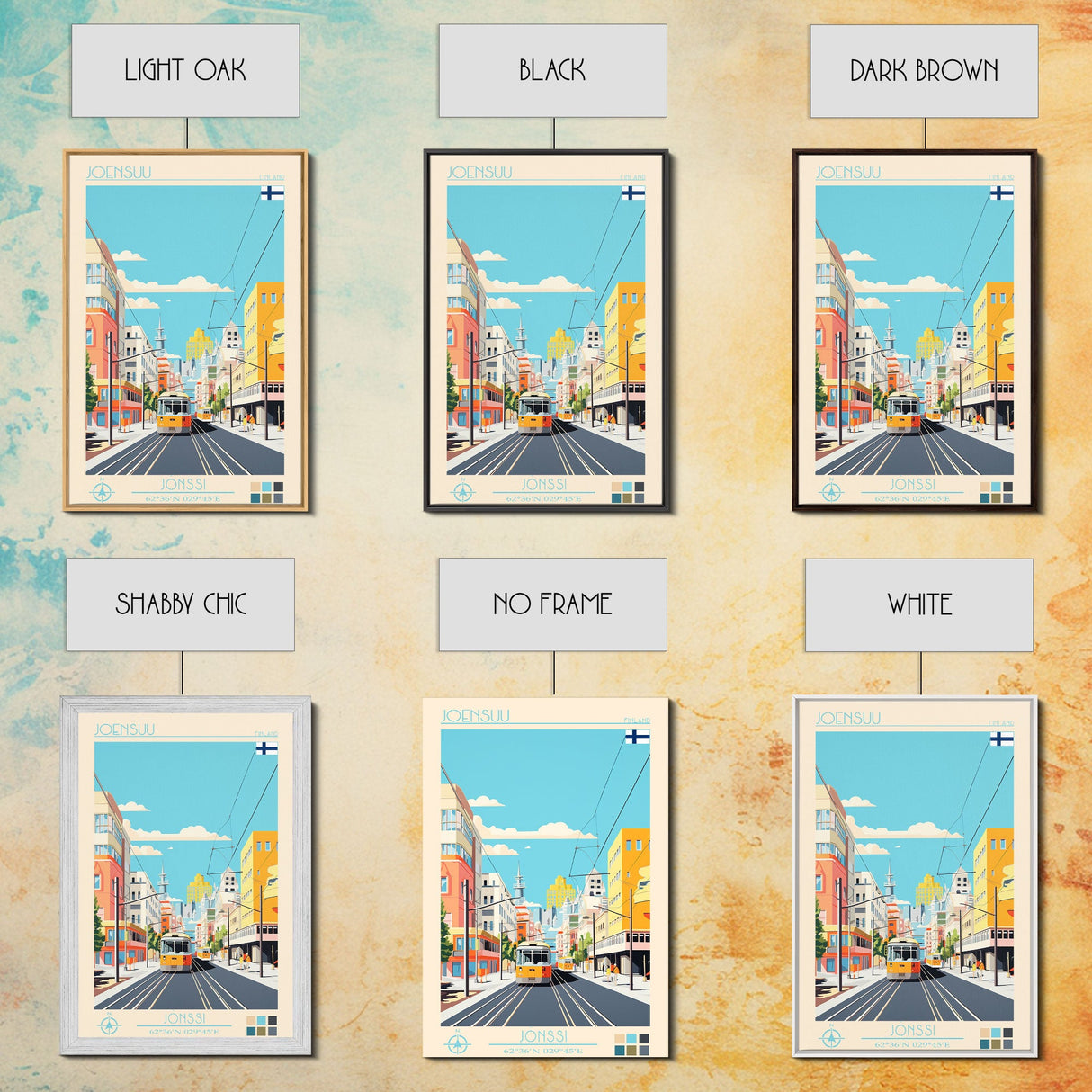 Joensuu Finland Travel Poster Framed Canvas Print, Midcentury Modern Art, Pop Art Wall Decor, Scenic Living Room Art, Bedroom Decor