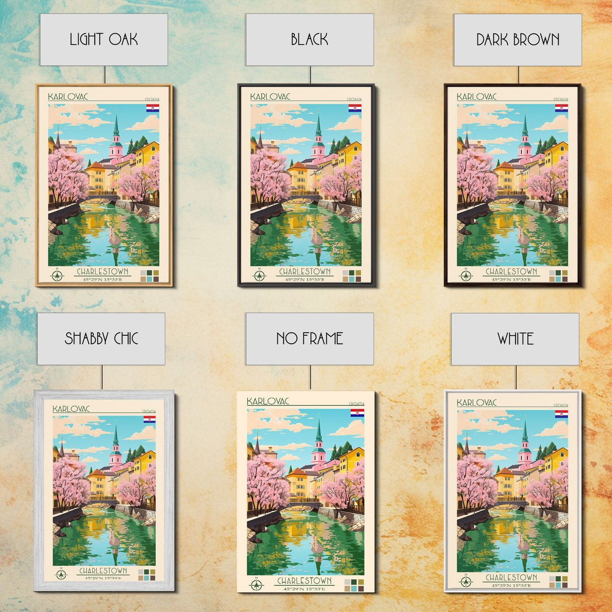 Karlovac Croatia Travel Poster Framed Canvas Print, Midcentury Modern Art, Pop Art Wall Decor, Scenic Living Room Art, Bedroom Decor