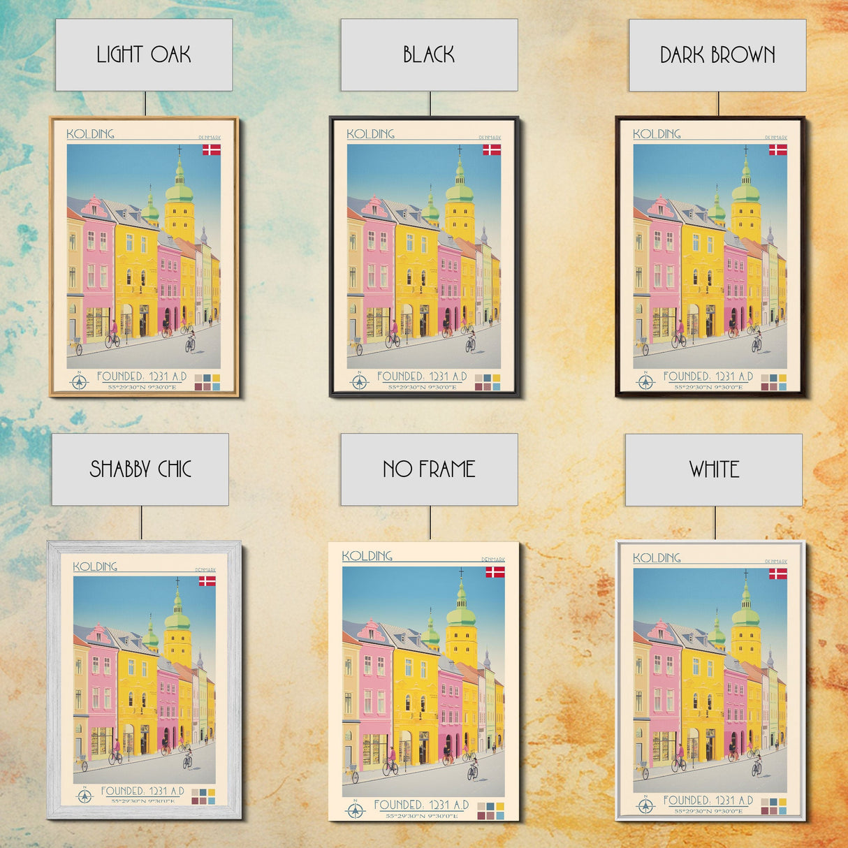 Kolding Denmark Travel Poster Framed Canvas Print, Midcentury Modern Art, Pop Art Wall Decor, Scenic Living Room Art, Bedroom Gift