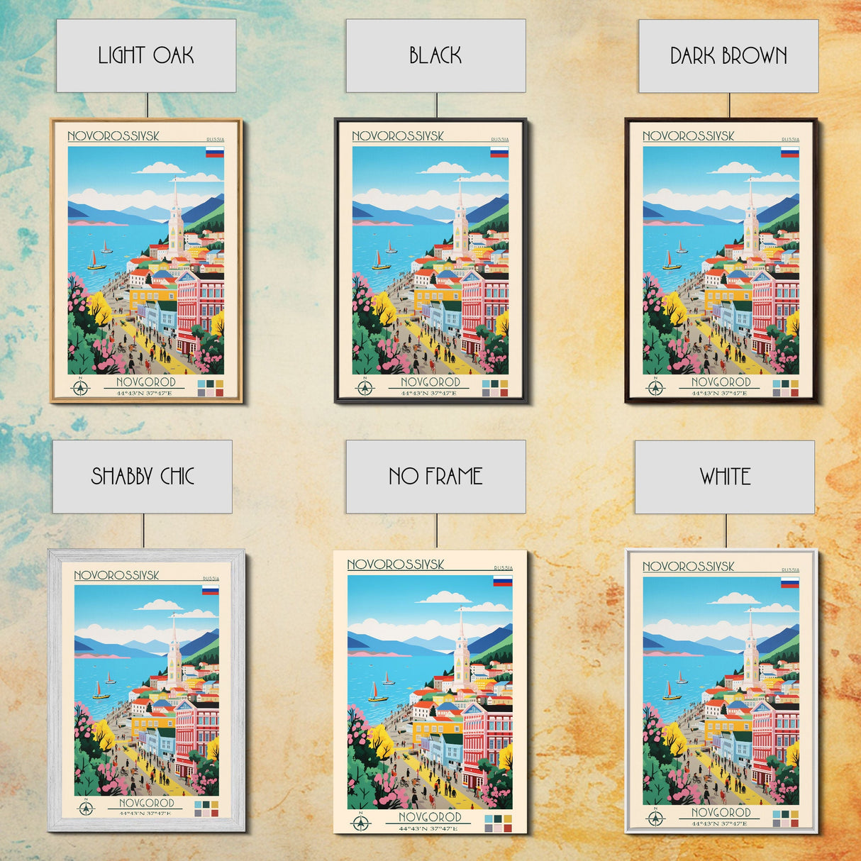 Novorossiysk Russia Travel Poster Framed Canvas Print, Midcentury Modern Art, Pop Art Wall Decor, Scenic Bedroom Art, Office Decoration