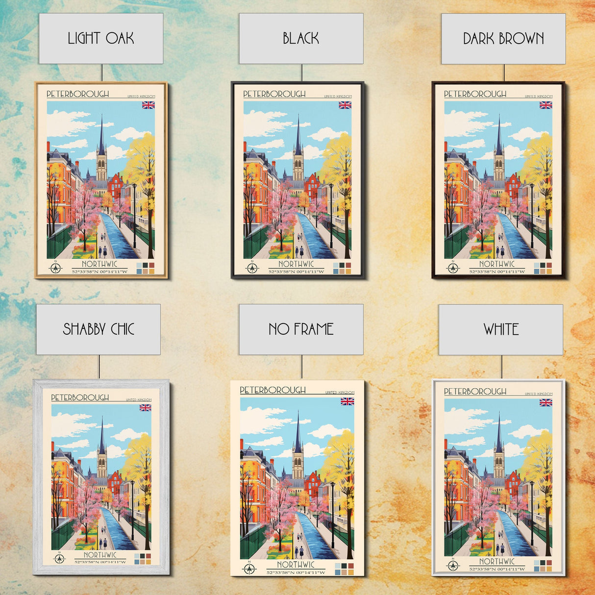 Peterborough United Kingdom Travel Poster Framed Canvas Print, Midcentury Modern Art, Pop Art Wall Decor, Home Decor, Vacation Gift, Office Art