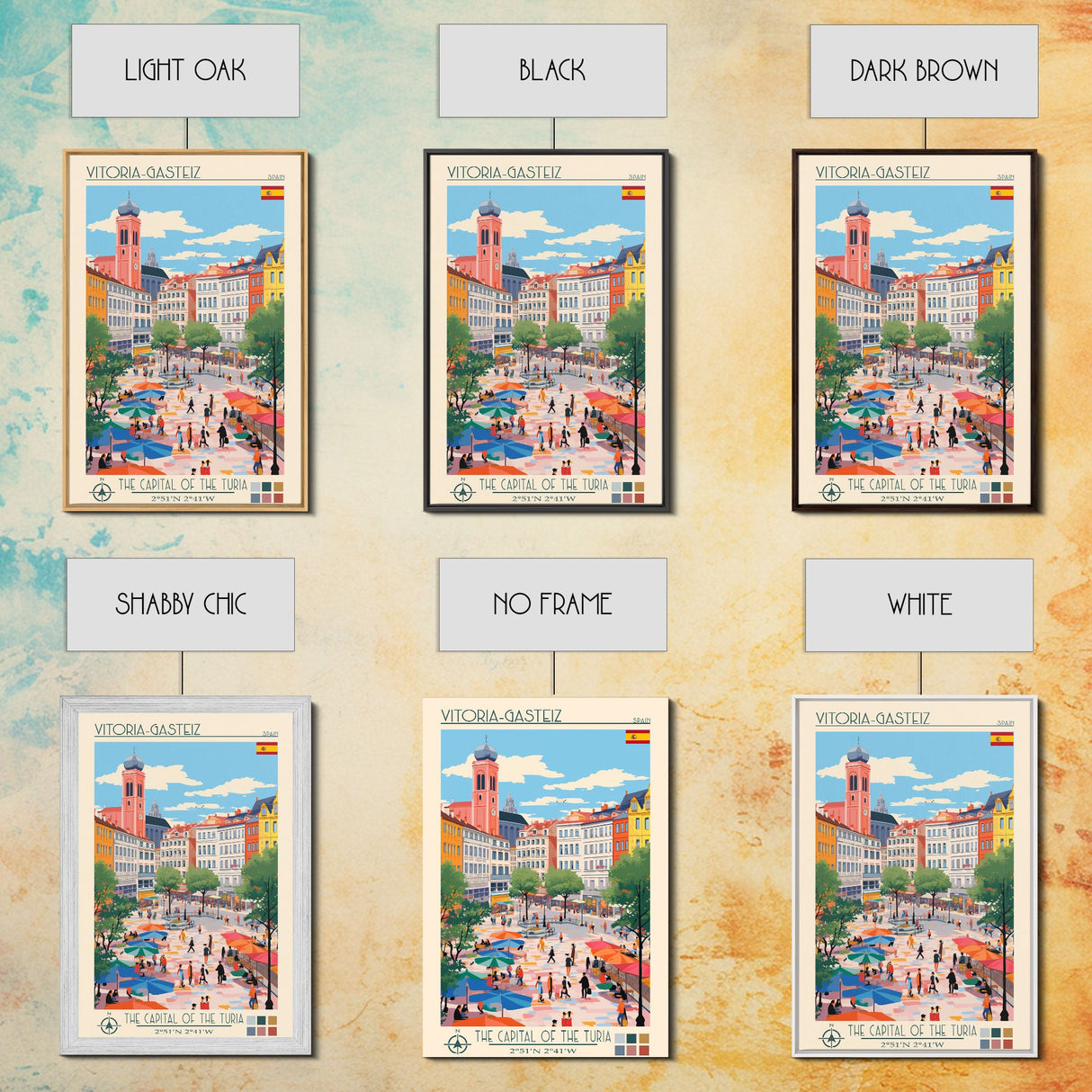 Vitoria-Gasteiz Spain Travel Poster Framed Canvas Print, Midcentury Modern Art, Pop Art Wall Decor, Living Room Art, Vacation Gift