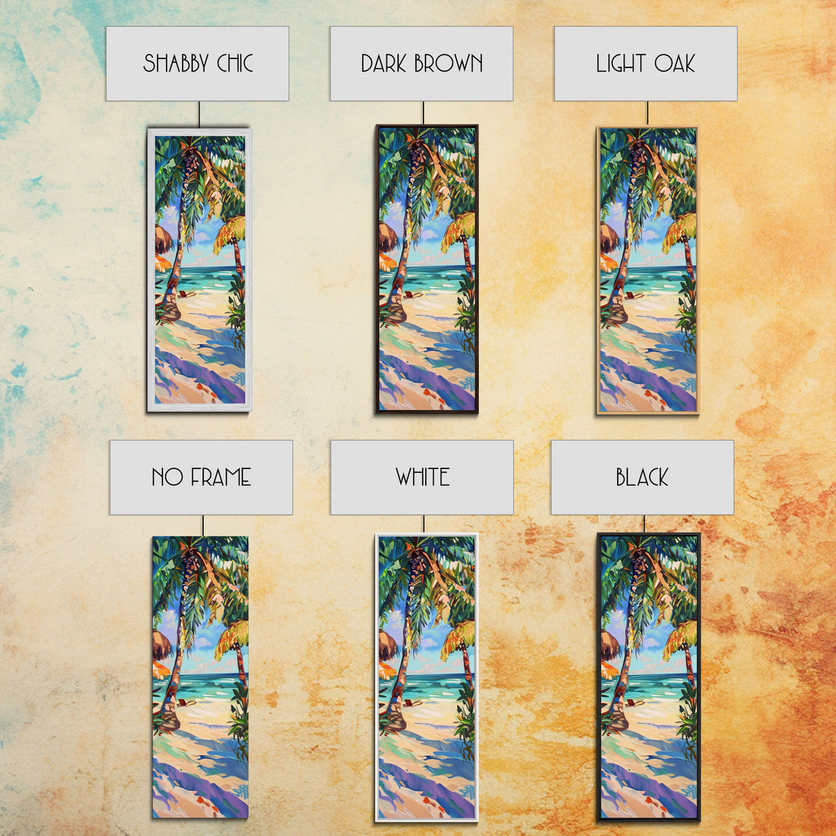 Tropical Wall Art Canvas of Ocean Landscape, Acrylic Gouache Style Canvas Art Framed and Printed, Long and Narrow Modern Abstract Art