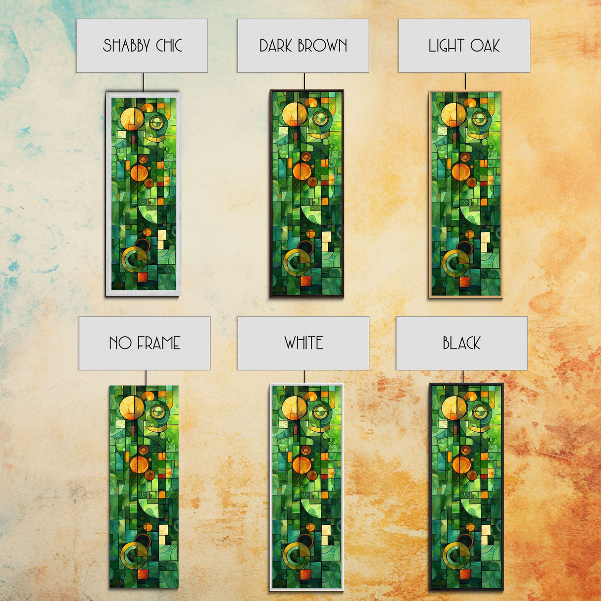 Geometric Abstract Art in Green and Yellow Tones - Framed Canvas Print, Midcentury Modern Art, Skinny Art, Tall Art, Living Room Wall Decor, Boho Art