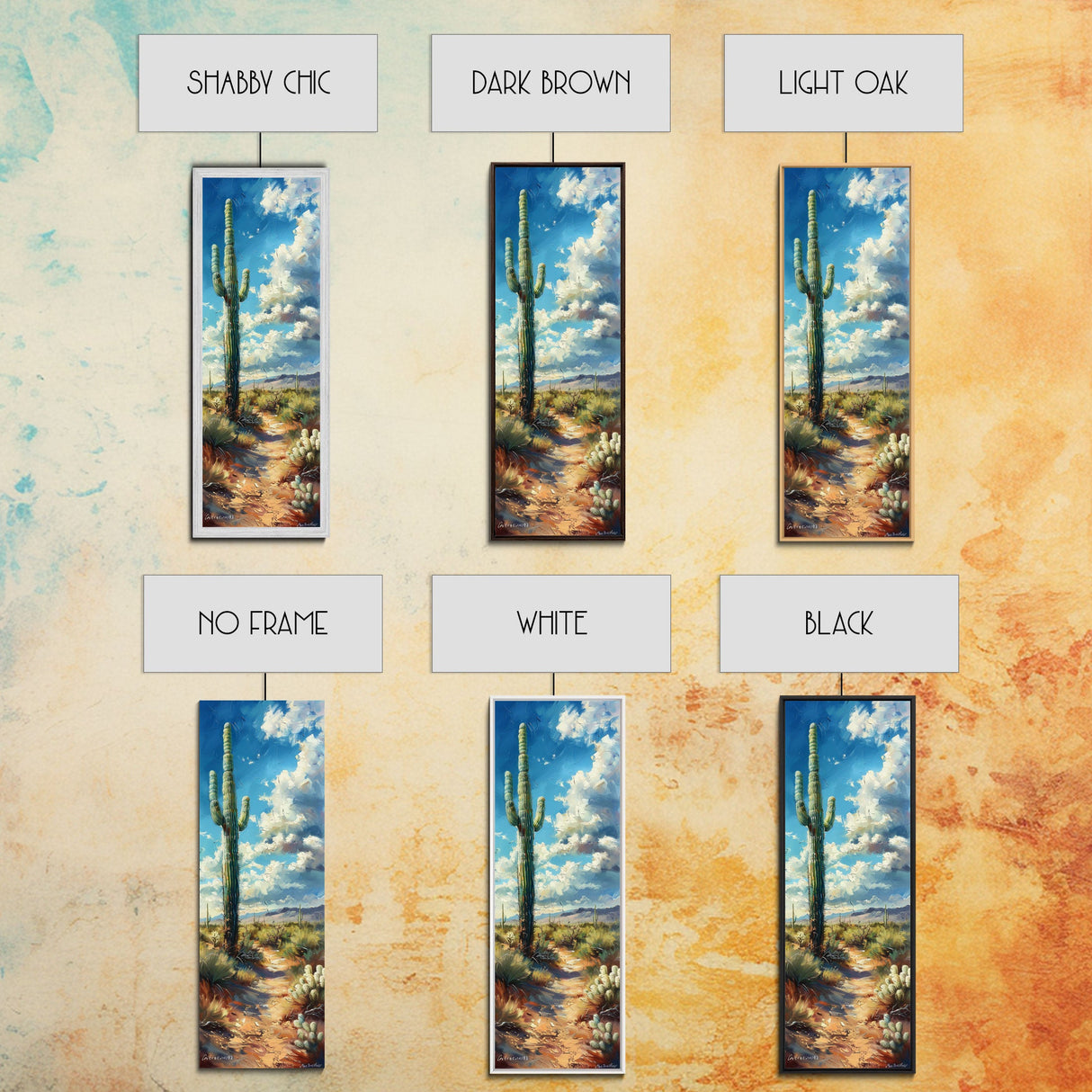 Iconic Saguaro Cactus in a Desert Landscape Under a Bright Blue Sky on a Framed Canvas Print Tall Art Piece