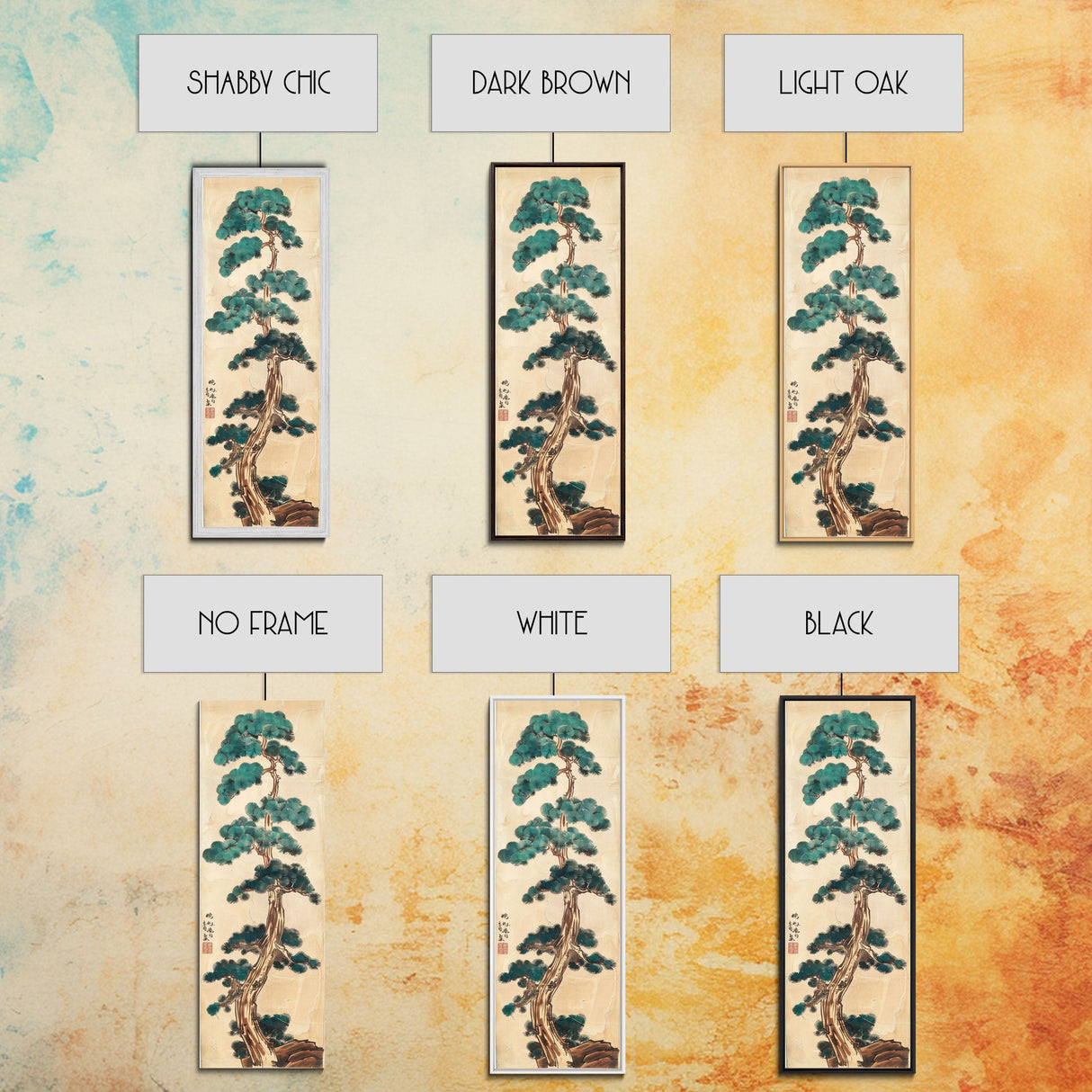 Japanese Pines Artistic Interpretation Tall Branches Skinny Art Tall Art Framed Canvas Print Japanese Style Art Ukiyo-e Art Wood Block Print Classic
