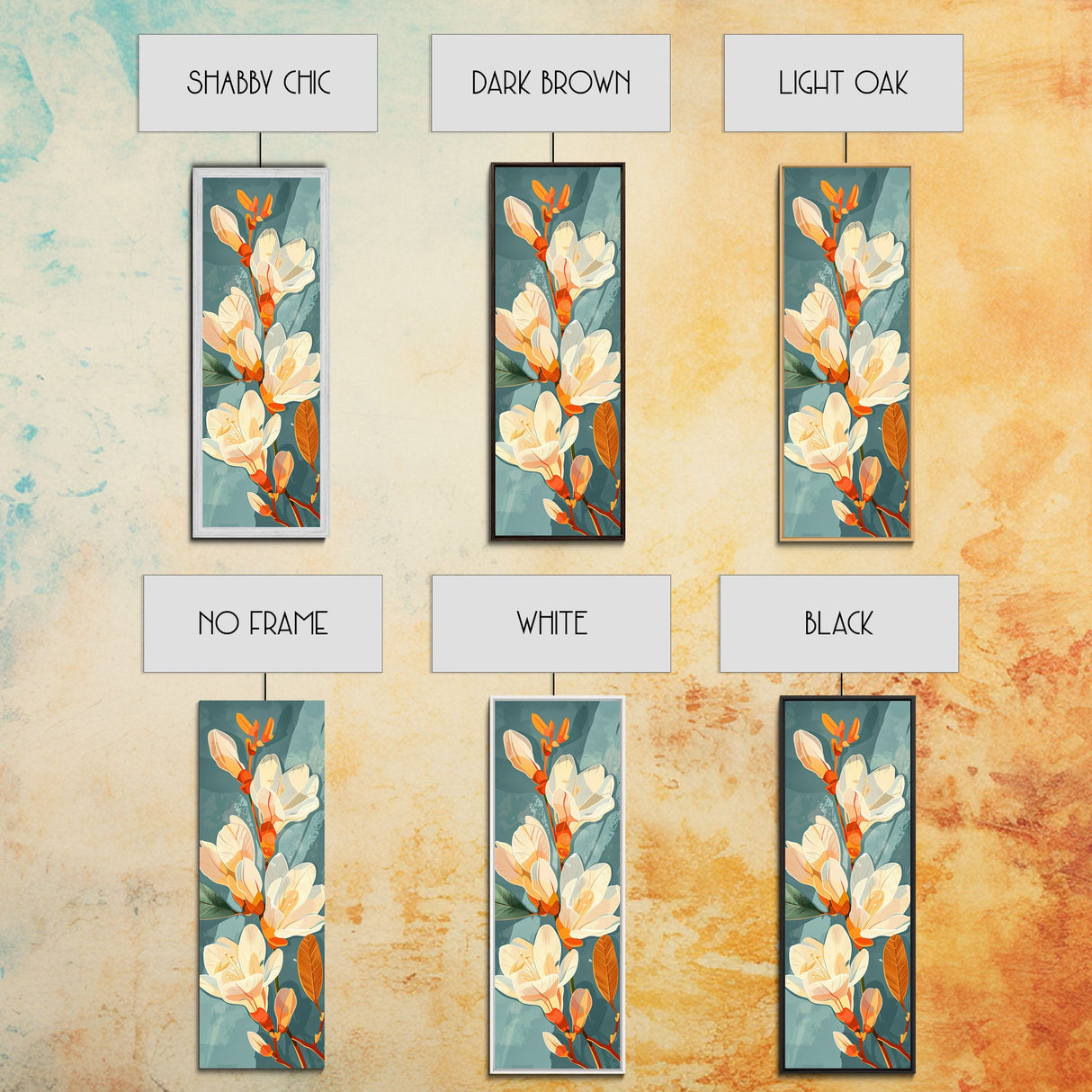 Light Cream Magnolia Blooms On Abstract Background Skinny Art Tall Art Framed Canvas Print Japanese Style Art Ukiyo-e Art Wood Block Print Delicate Decorative