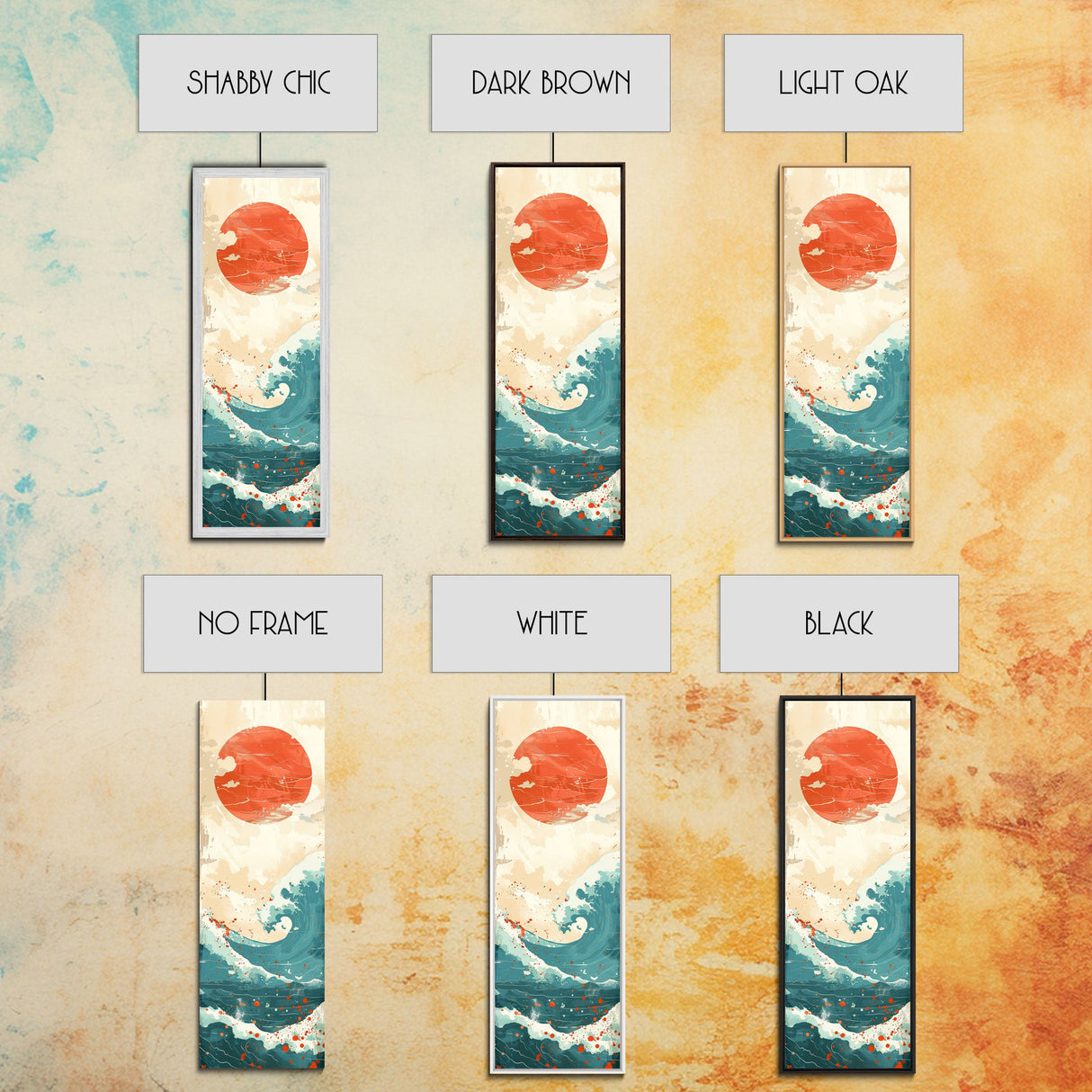 Red Sun and Ocean Waves Skinny Wall Art Framed Canvas Print in Cream and Teal Tones with Red Splashes Japanese Art