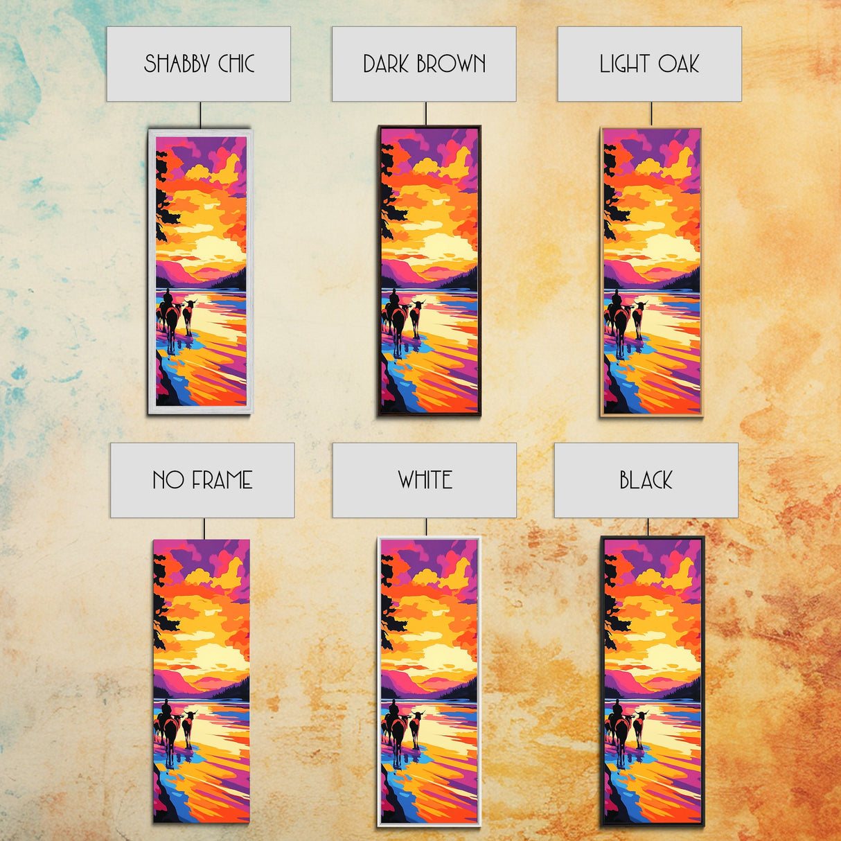 Sunset Cowboy Art Framed Canvas Print Vibrant Western Wall Art, Chicano Art, Colorful Wall Art, Southwest Wall Art, Extra Wide Art