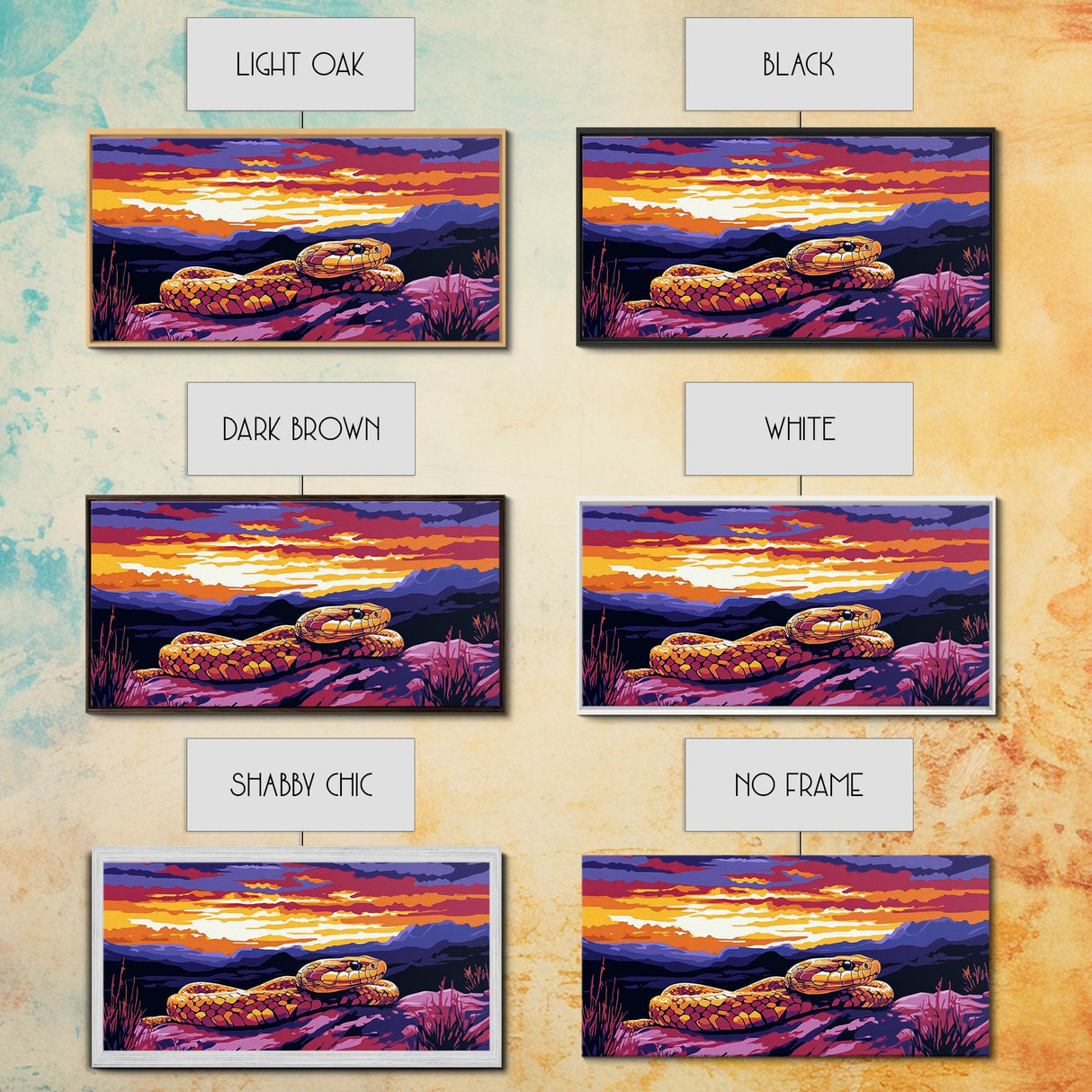 Rattlesnake Sunset, wildlife painting, southwest wall art, mountain painting, rustic decor, panoramic art, Framed Canvas Print, farmhouse art