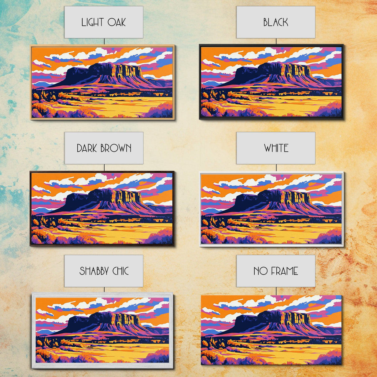 Mesa, desert sunset, southwest decor, extra wide wall art, western landscape painting, panoramic painting, framed canvas print