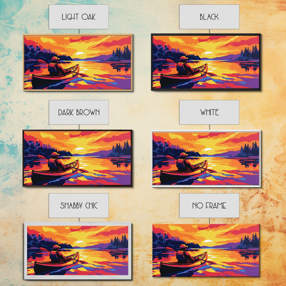 Kayaker at Sunset, fisherman painting, nautical painting, coastal landscape art, rustic decor, panoramic painting, canvas print