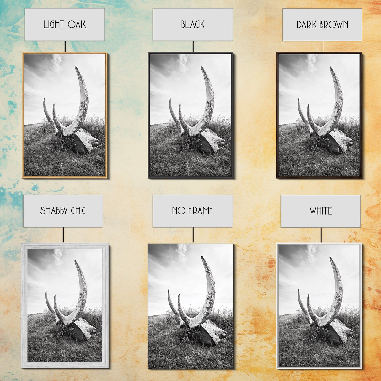 Large horns, rustic skull, bull and bear art, moody wall art, desert decor, cowboy aesthetic, framed canvas print, minimalist art