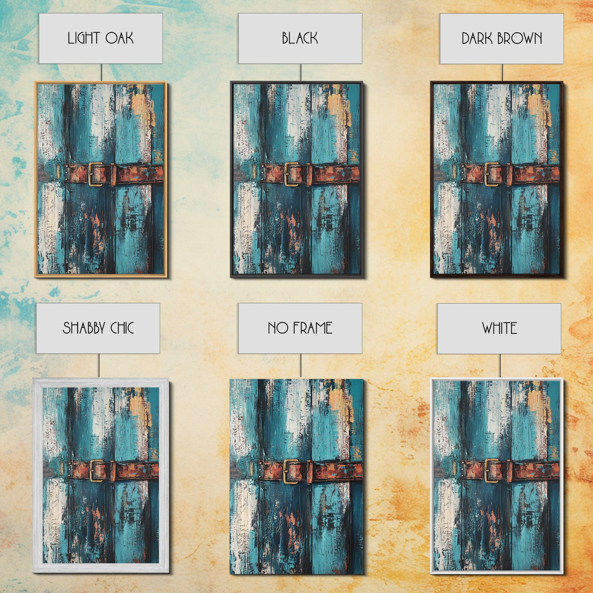 Rustic blue door, worn leather belt, southwest wall art, farmhouse art, textured painting, wabi sabi art, framed canvas print, rustic decor
