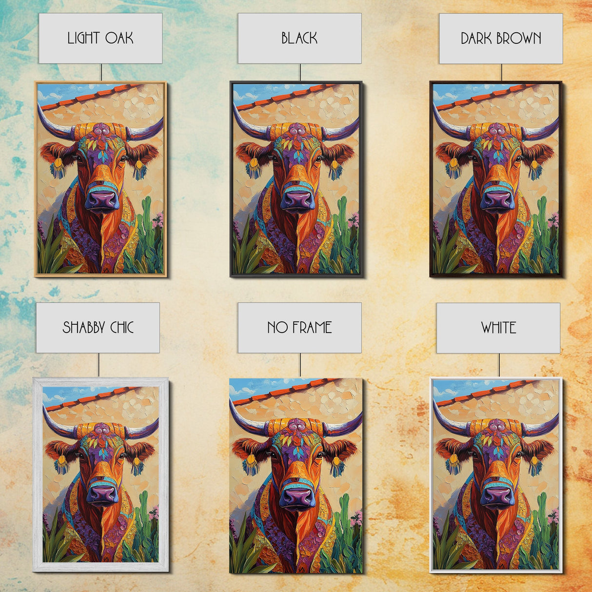 Colorful Bull, Mosaic Wall Art, Chicano Art, Southwest Wall Art, Canvas Print, Farmhouse Art, Rustic Decor, Gift Idea, Boho Art