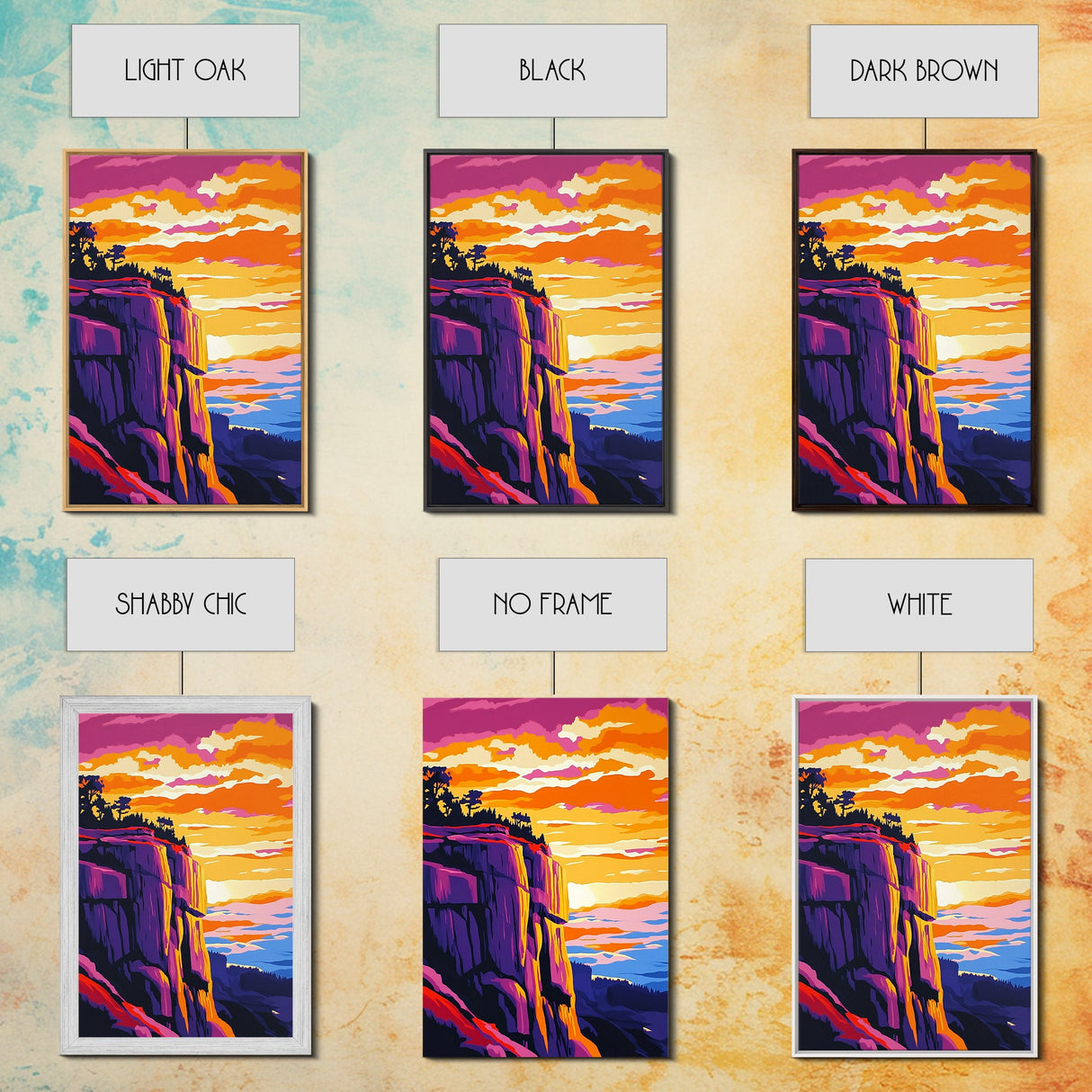 Mountain Cliffs, Southwest Sunset, Canyon Painting, Framed Canvas Print, Pink Orange Wall Art, Joshua Tree Art, Panoramic Art