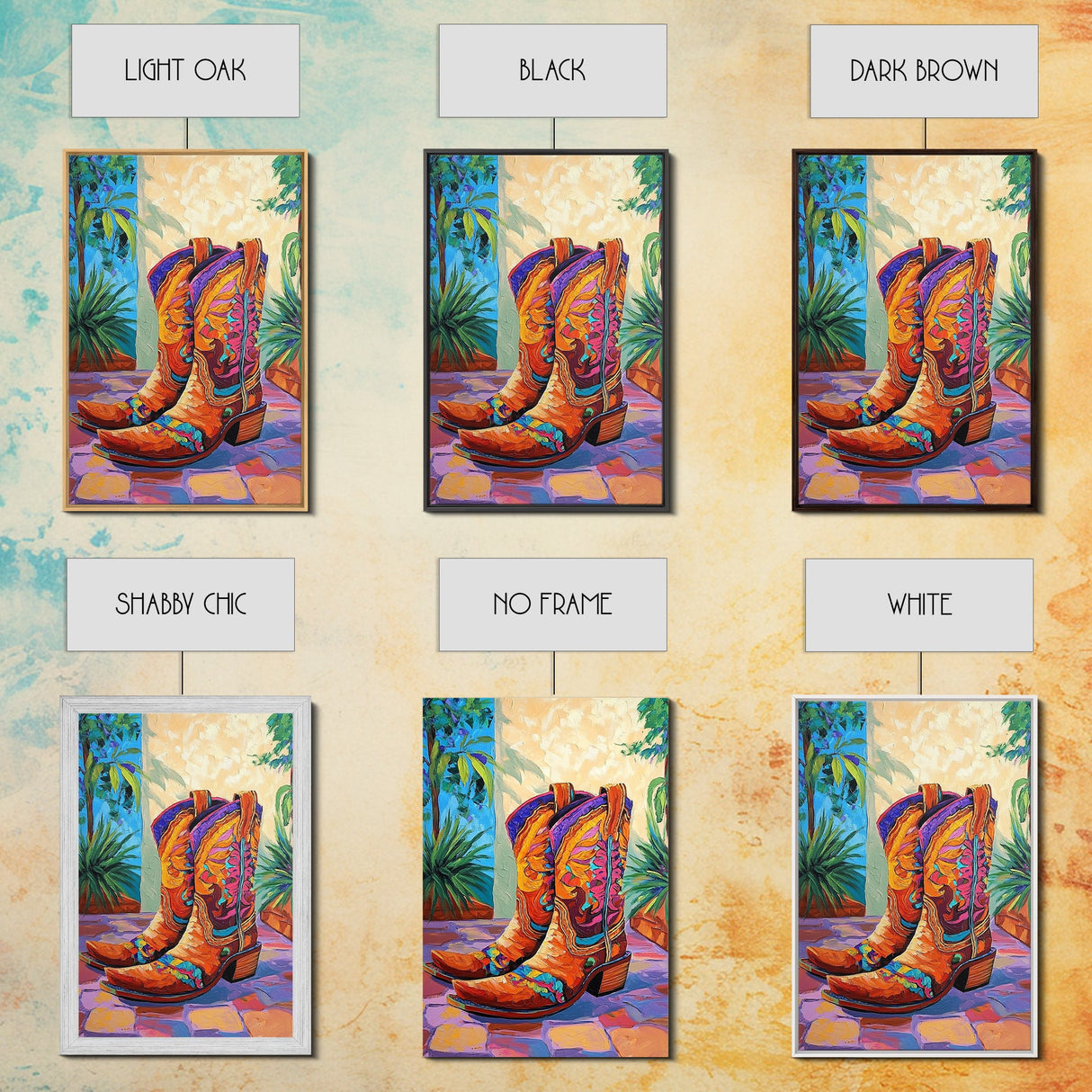 Painted Boots, coastal cowgirl wall art, vibrant rustic decor, colorful western art, cowboy art, southwest wall art, framed canvas print, gift idea
