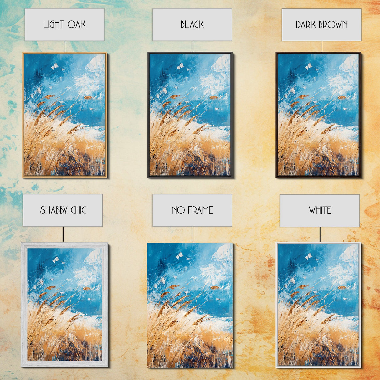 Wheat Field, blue sky, golden harvest, windy landscape, nature wall art, rustic decor, framed canvas print, farmhouse wall art