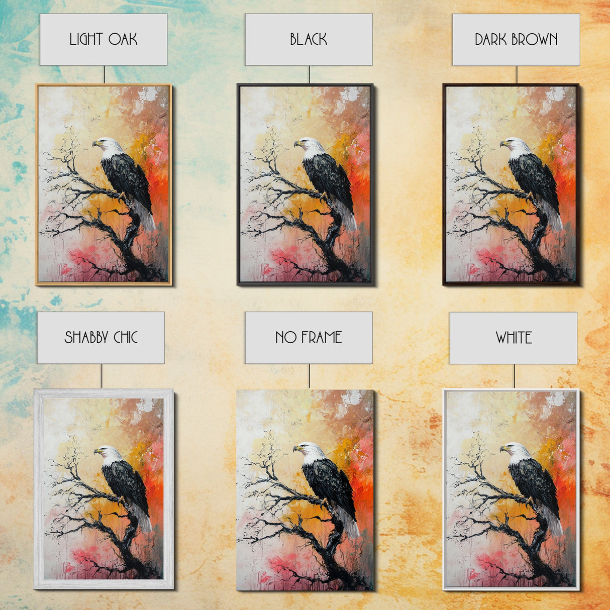 Eagle on Branch, textured painting, wildlife wall art, rustic art, autumn colors, farmhouse decor, framed canvas print, bird art