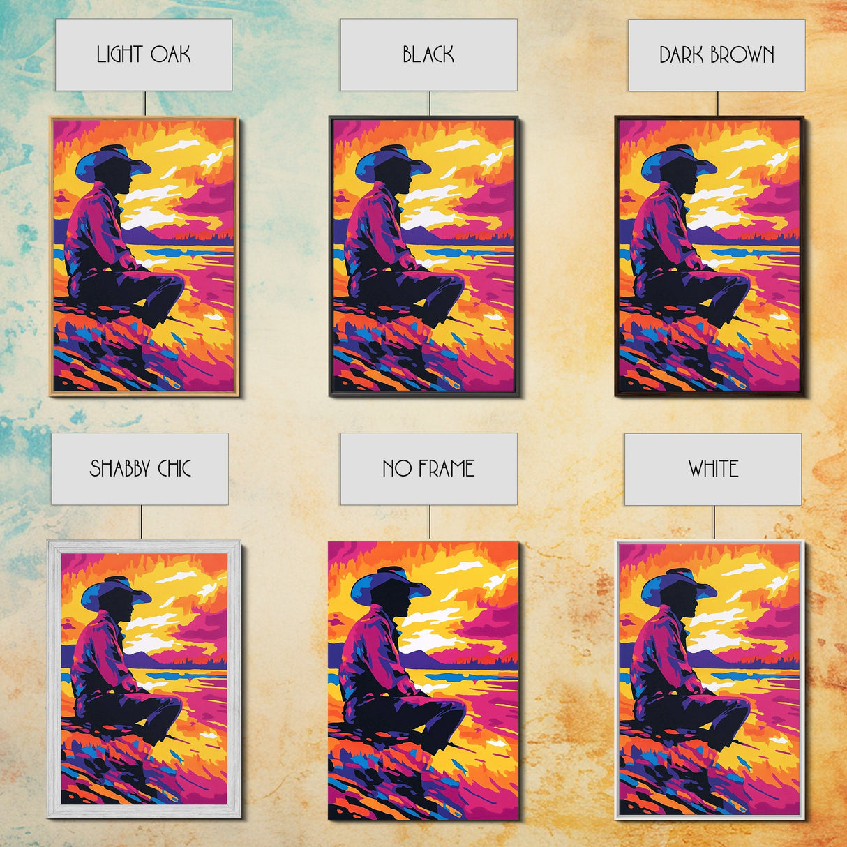 Cowboy Silhouette Sunset, southwest wall art, rustic decor, boho art, western art, pink orange wall art, canvas print, gift idea for him