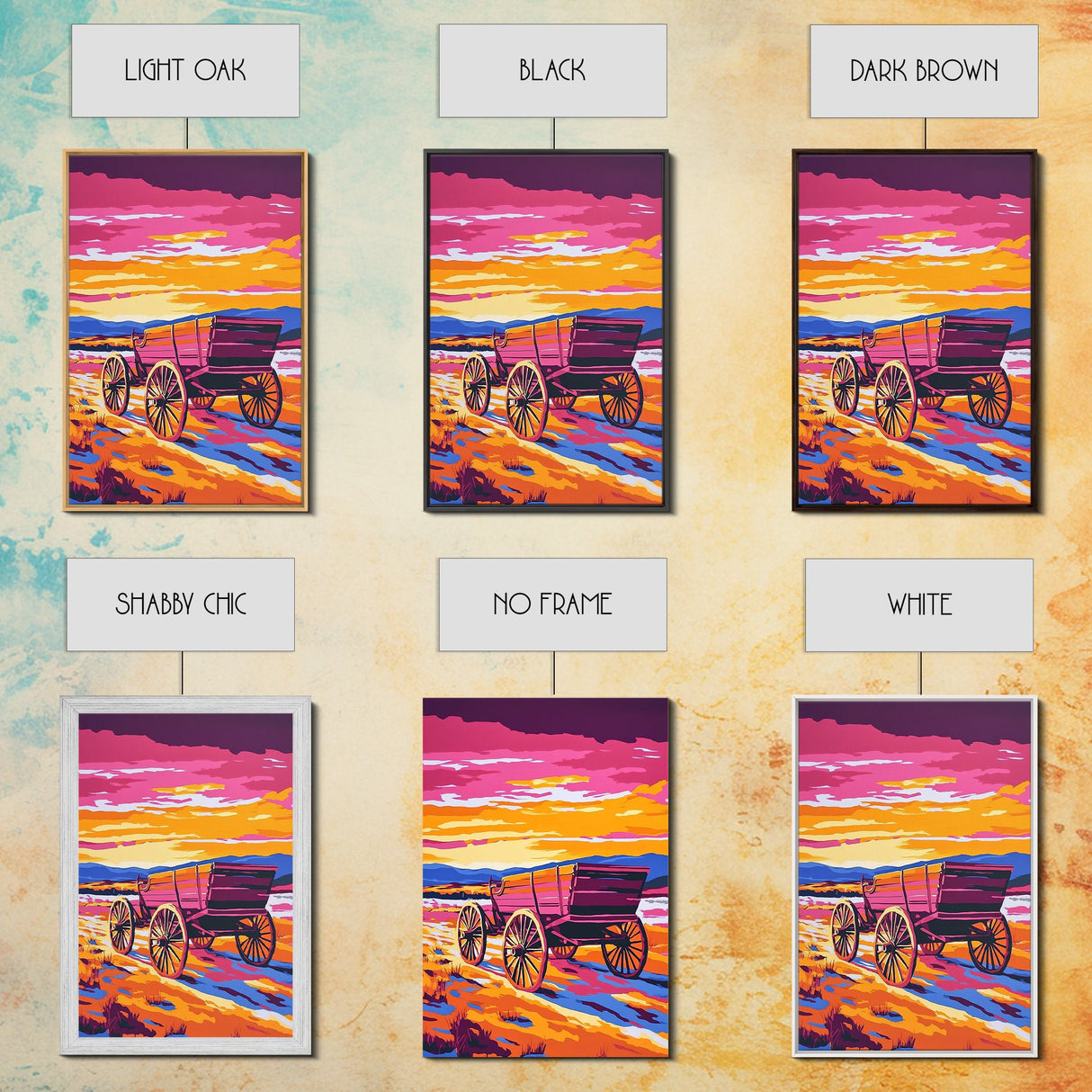 Sunset Wagon Art, pink orange wall art, Joshua tree art, rustic wall art, warm tones painting, framed canvas print, gift idea, extra wide art