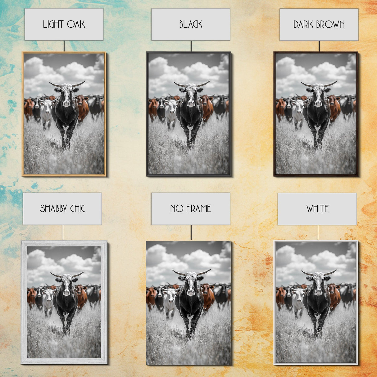Longhorn Cattle Art, Ranch Wall Art, Rustic Decor, Farmhouse Art, Moody Western Art, Framed Canvas Print, Gift Idea, Southwest Art
