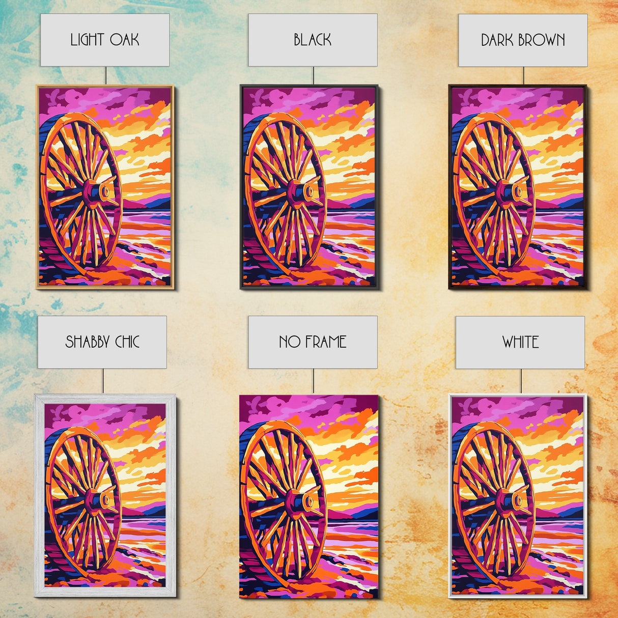 Sunset Wagon Wheel, Bold Color Painting, Southwest Wall Art, Framed Canvas Print, Rustic Decor, Western Aesthetic, Extra Wide Art, Gift Idea