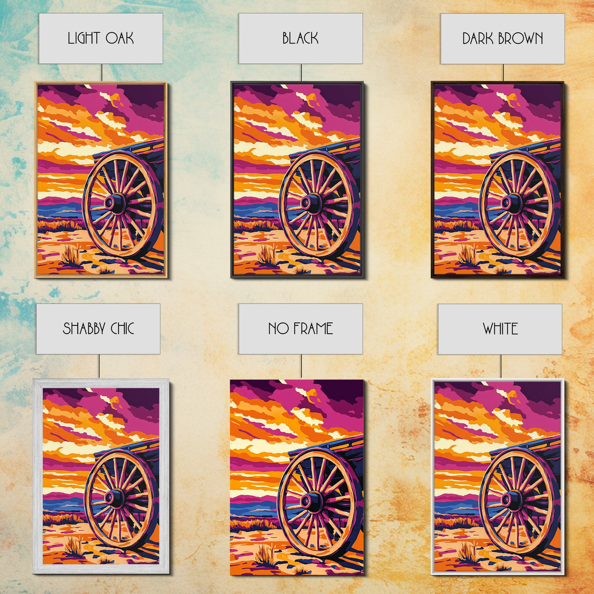 Vibrant Wagon Wheel, Pink Orange Wall Art, Boho Art, Framed Canvas Print, Southwest Aesthetic, Above Sofa Art, Rustic Decor, Gift Idea