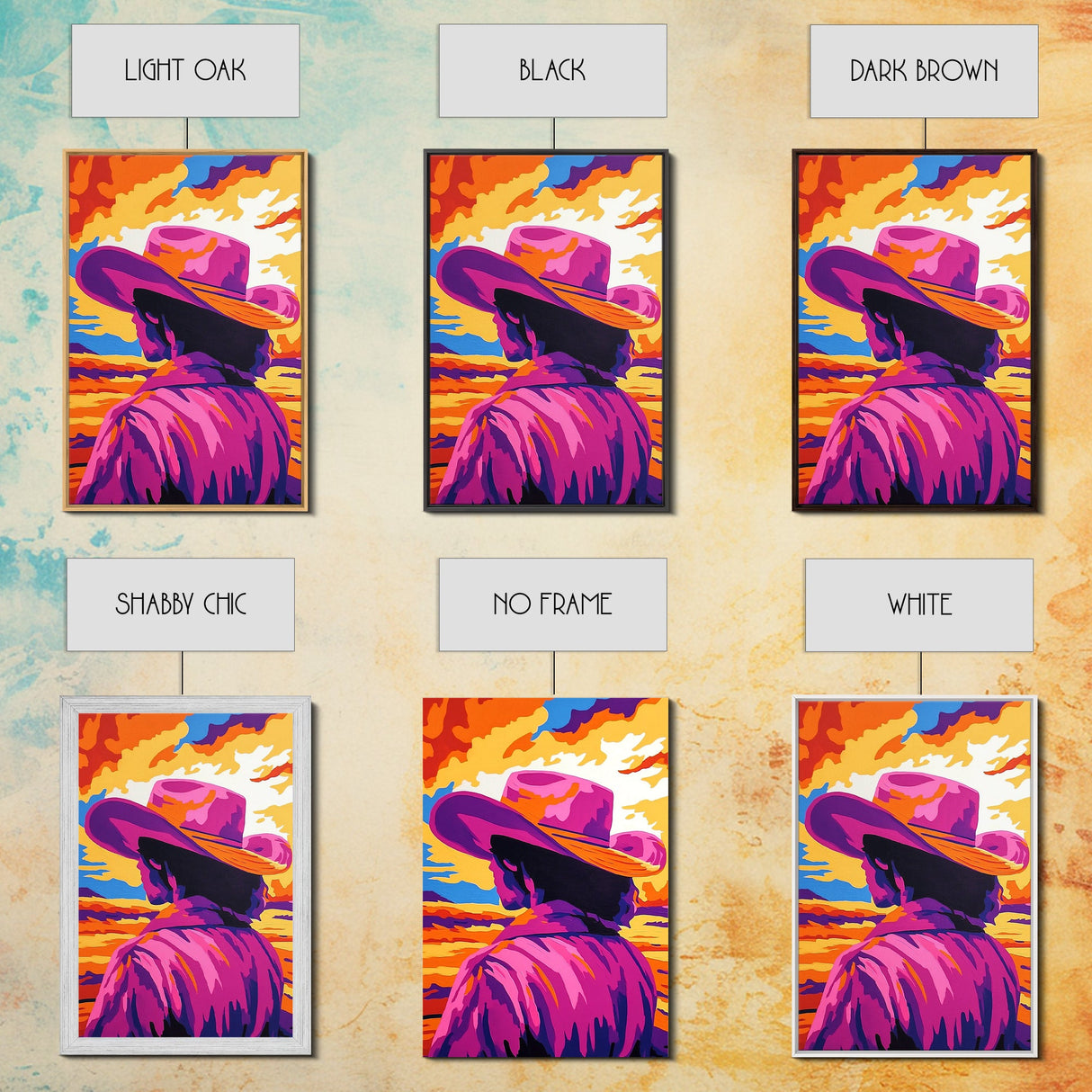 Vibrant Cowboy Painting, Chicano Art, Western Sunset Art, Pink Orange Wall Art, Afrocentric Wall Art, Canvas Print, Southwest Decor, Rustic Wall Art
