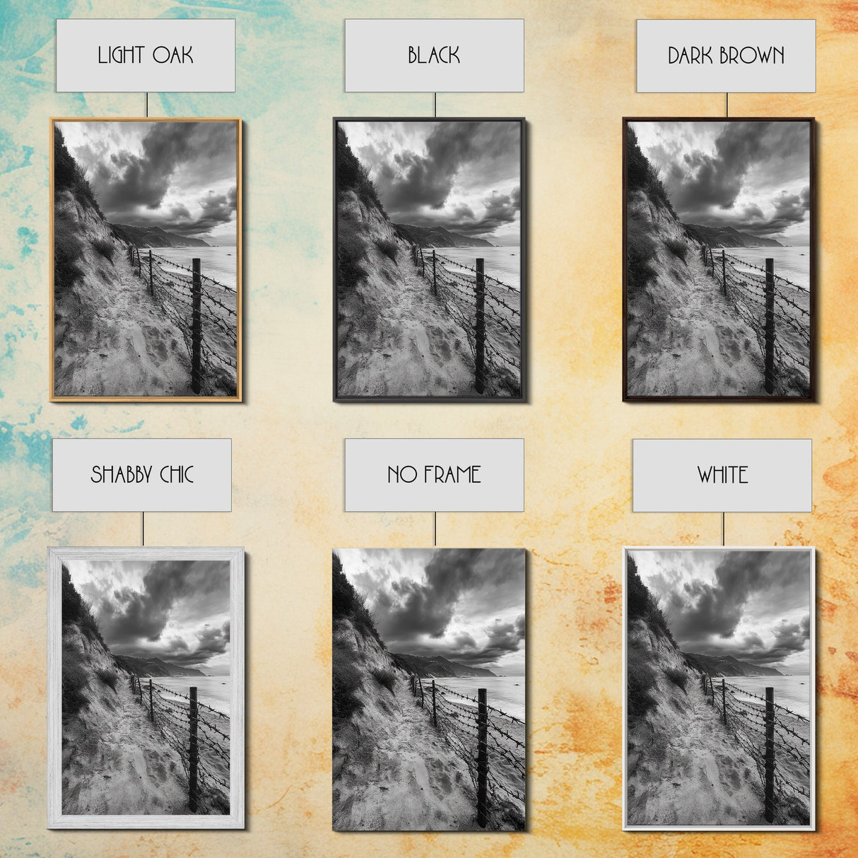 Coastal Path, stormy beach, dramatic sky, coastal wall art, black and white, framed canvas print, moody landscape, nautical decor