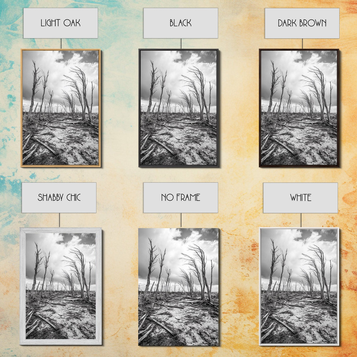 Windblown Trees, stormy sky, moody landscape, wabi sabi art, black and white, framed canvas print, rustic decor, nature photography