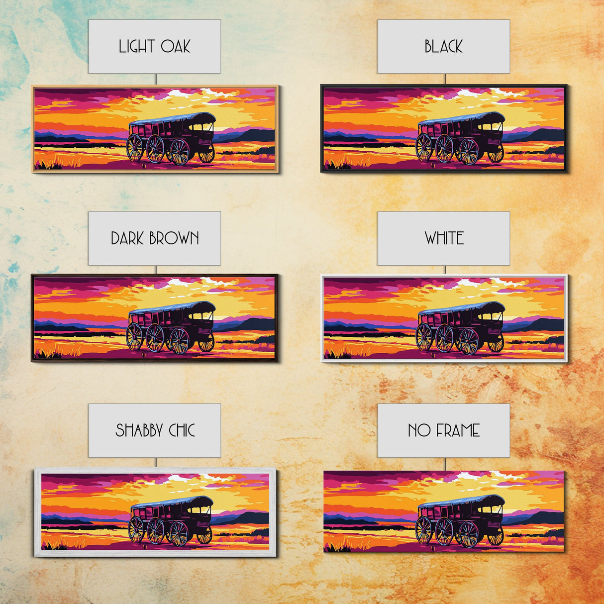 Western Wheels, cowboy painting, rustic wall art, gift idea, farmhouse decor, panoramic art, extra wide art, framed canvas print