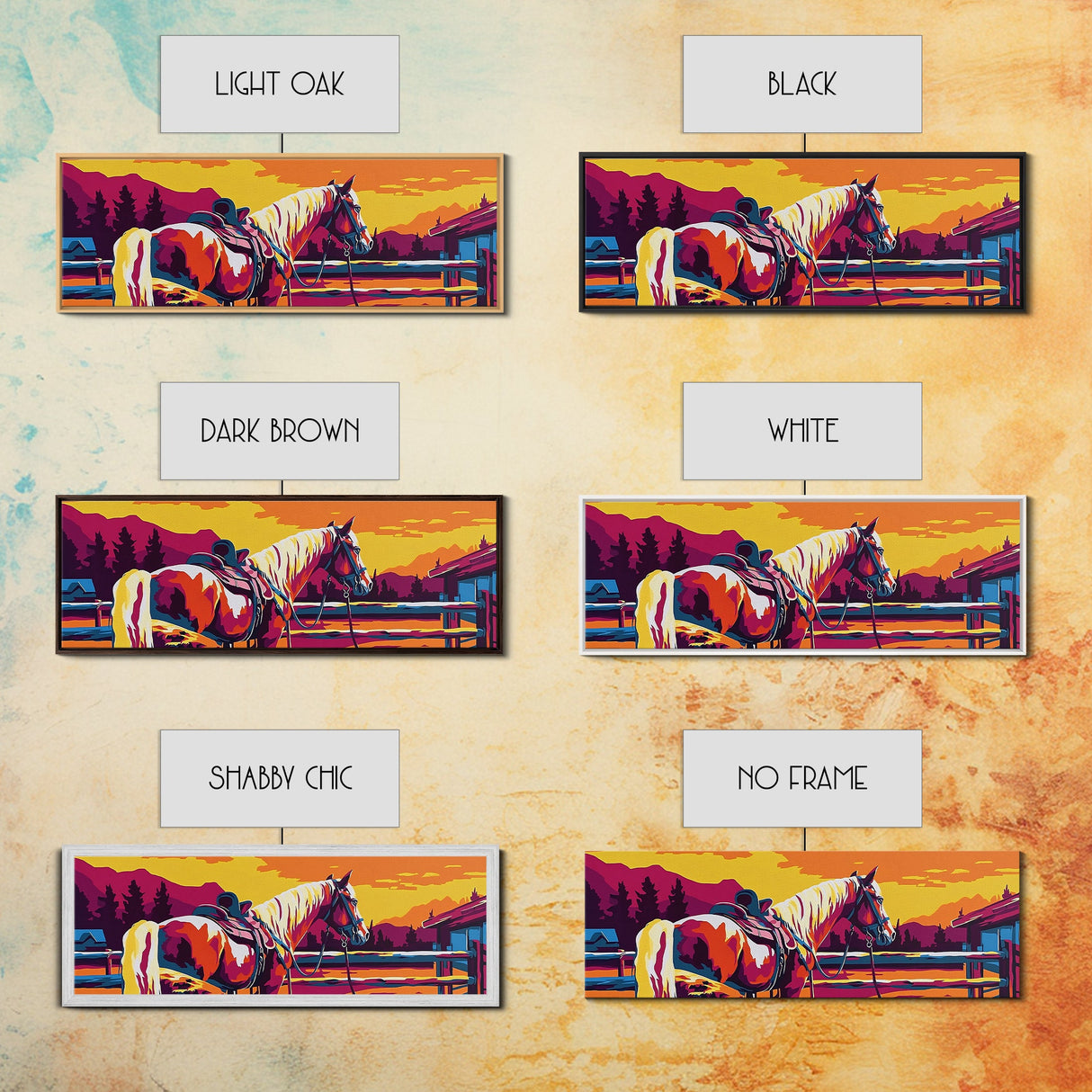 Western horse, saddle, cowboy, sunset, rustic wall art, panoramic art, framed canvas print, extra wide art, horse wall art