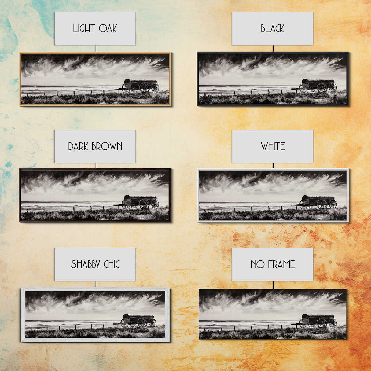 Stormy Wagon, black and white art, moody western painting, rustic decor, farmhouse wall art, extra wide panoramic art, framed canvas print.