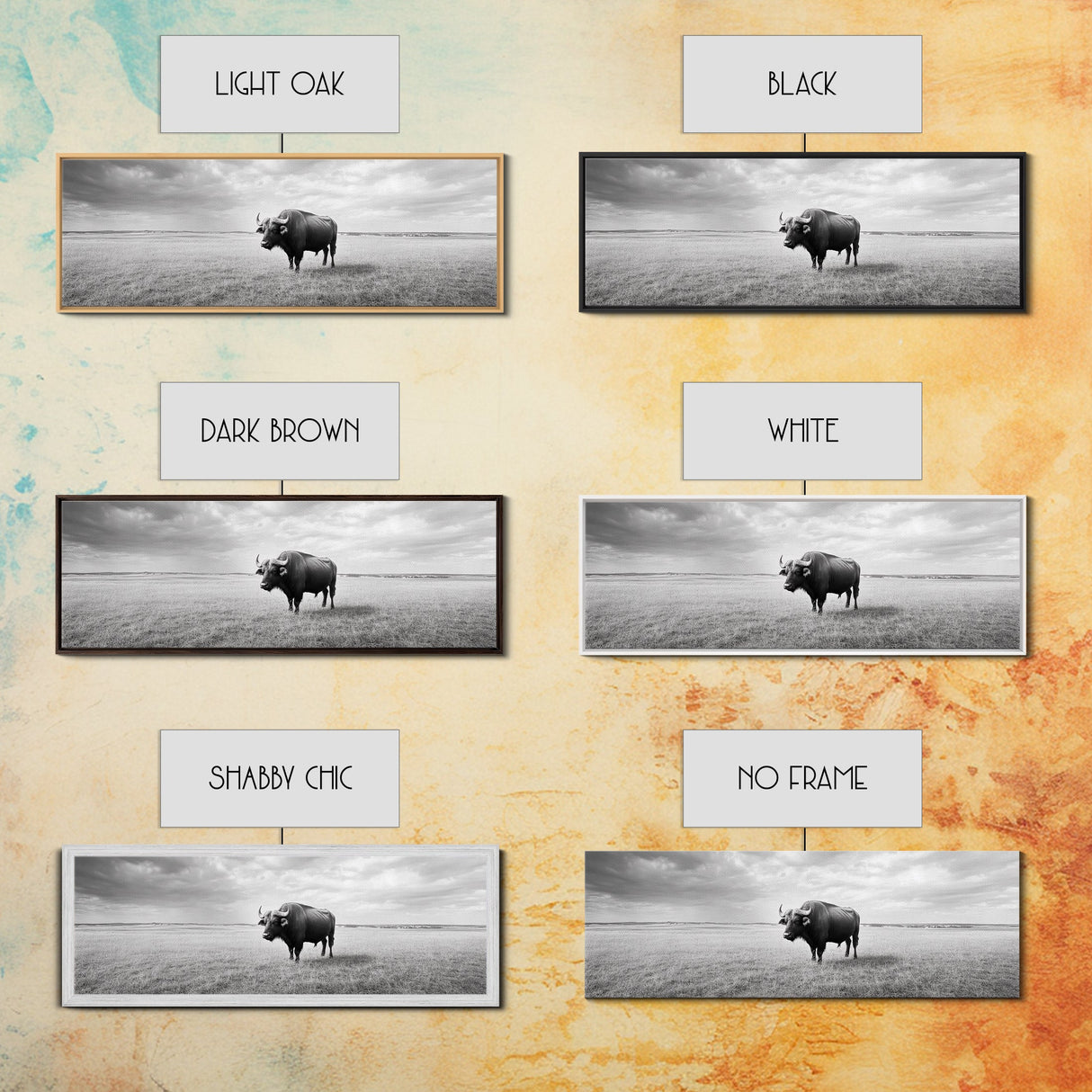 Lone buffalo, western landscape, rustic wall art, panoramic art, extra wide art, farmhouse decor, framed canvas print, wildlife painting, bull and bear art