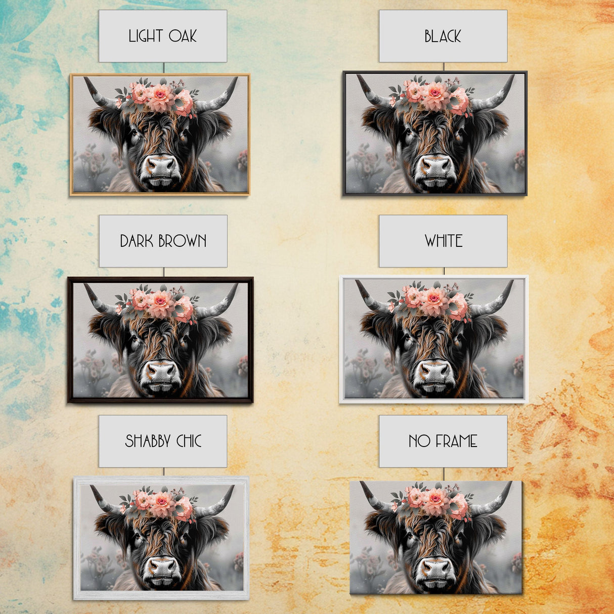 Framed Wall Art Texas Cattle, Wood Framed Canvas Print, Farmhouse Decor, Minimalist Rustic Farmhouse Painting, Vacation Home Decor, Western