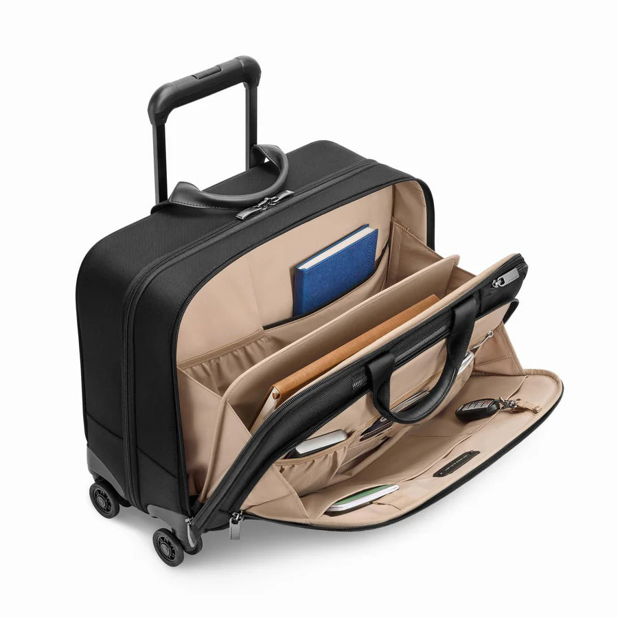 Briggs & Riley @work Large Spinner Brief in Black - Interior Details showing laptop compartment, notebook, and key holder