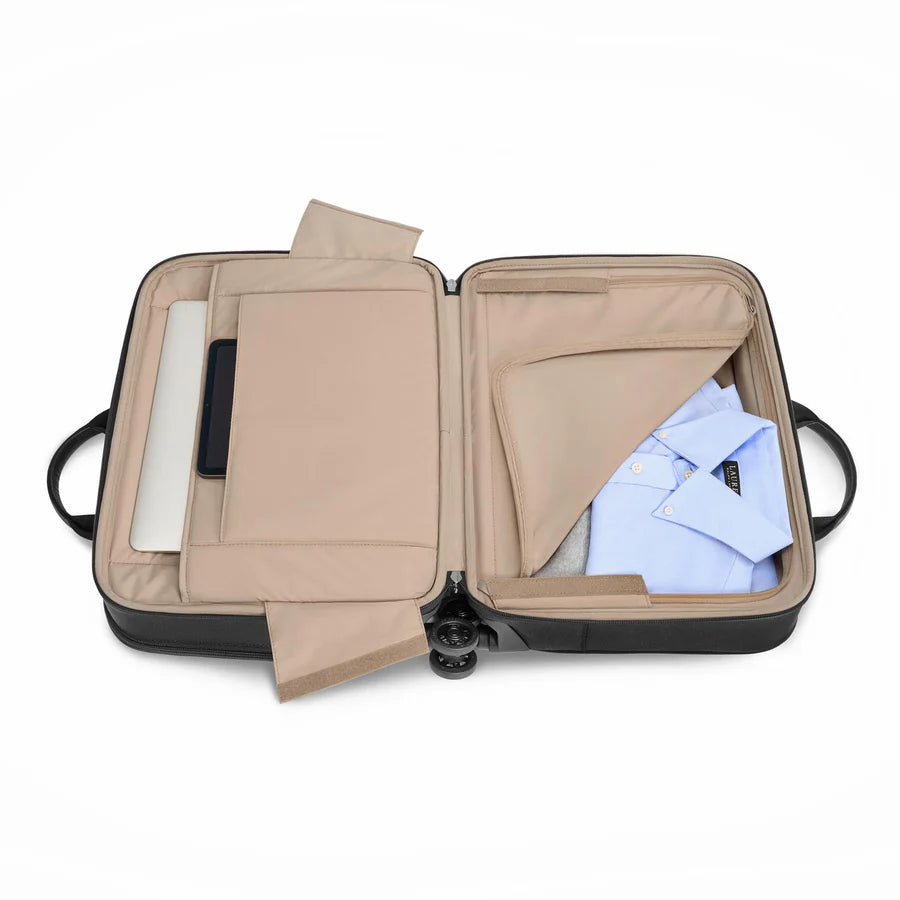 Briggs & Riley @work Large Spinner Brief in Black - Interior Details opened flat with laptop sleeve and folded dress shirts packed