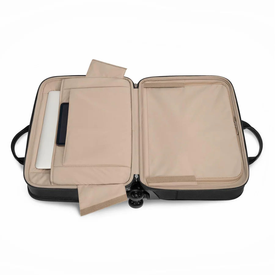 Briggs & Riley @work Large Spinner Brief in Black - Interior Details opened flat showing laptop sleeve and garment section
