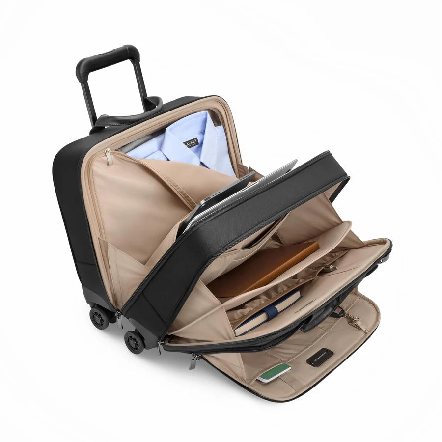 Briggs & Riley @work Large Spinner Brief in Black - Interior Details with laptop, tablet, and organizer pockets