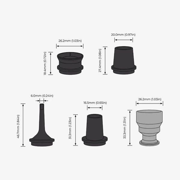 Dimensioned drawing of the five interchangeable Nano Pump nozzles, ranging from a 6 mm needle to a 26.2 mm cup