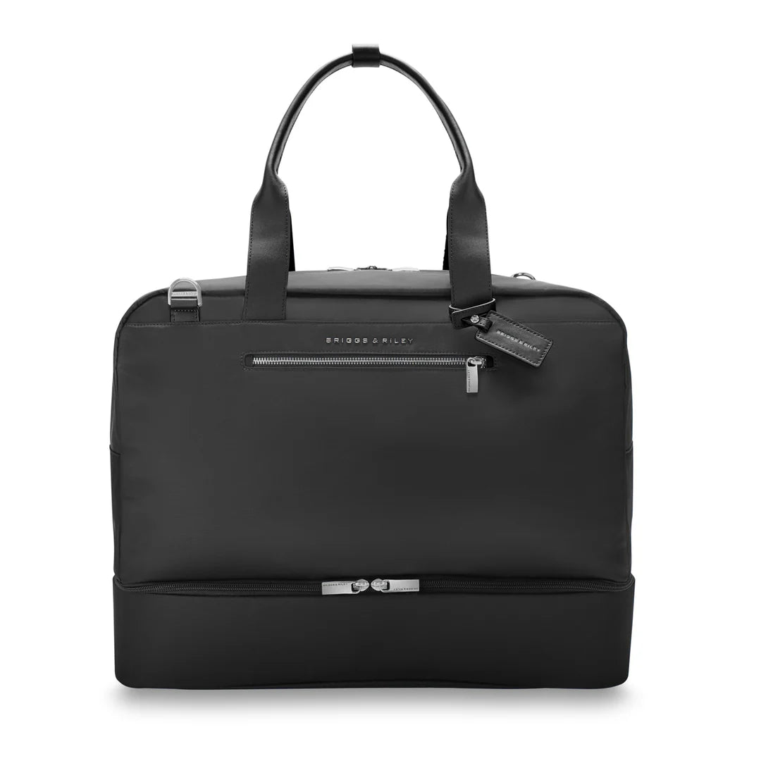 Briggs & Riley Rhapsody Weekender Tote in black with matching black leather handles and trim, front zip pocket, and leather fob, shown from the front