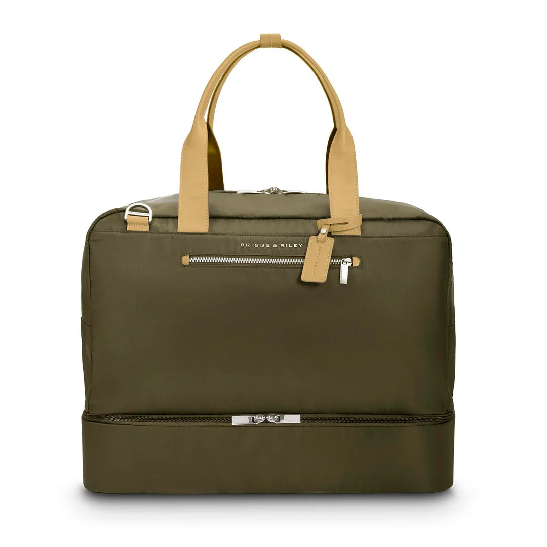 Briggs & Riley Rhapsody Weekender Tote in olive green with tan leather handles, front zip pocket, and monogrammable leather fob, shown from the front