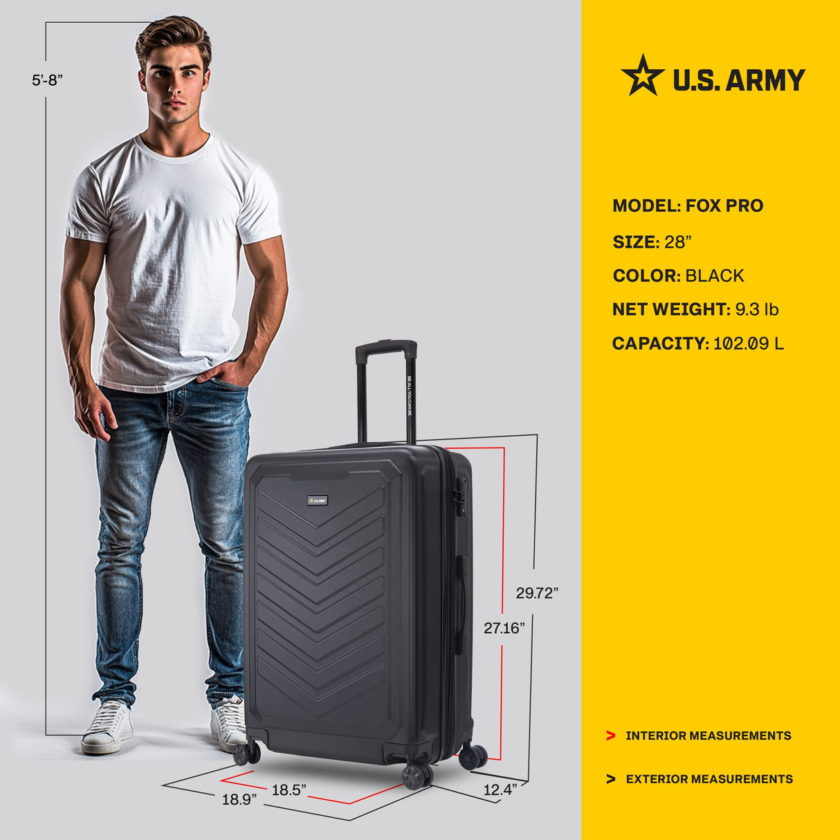 U.S. ARMY FOX PRO 28" Expandable Large Suitcase with TSA Lock