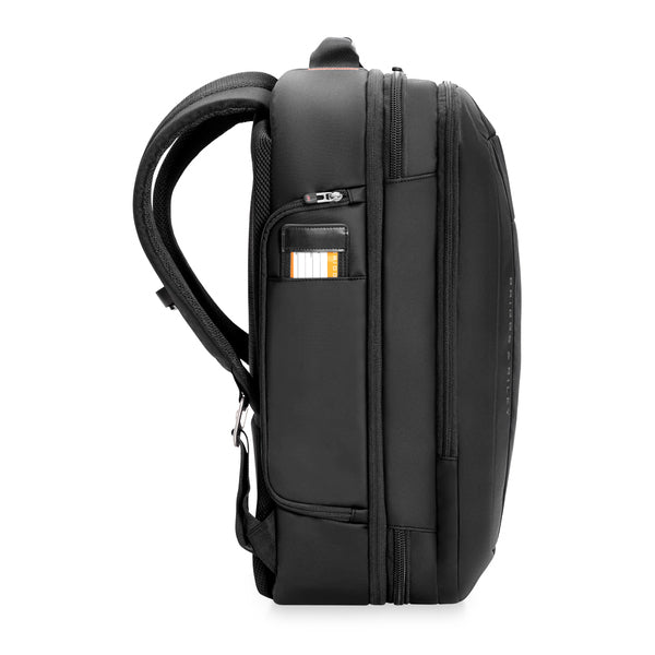 Briggs & Riley ZDX Large Convertible Backpack/Duffle in Black - Side View with Leather Luggage Tag