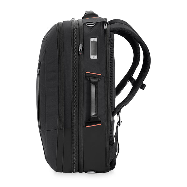 Briggs & Riley ZDX Large Convertible Backpack/Duffle in Black - Side View, SmartLink Strap and Handle Detail