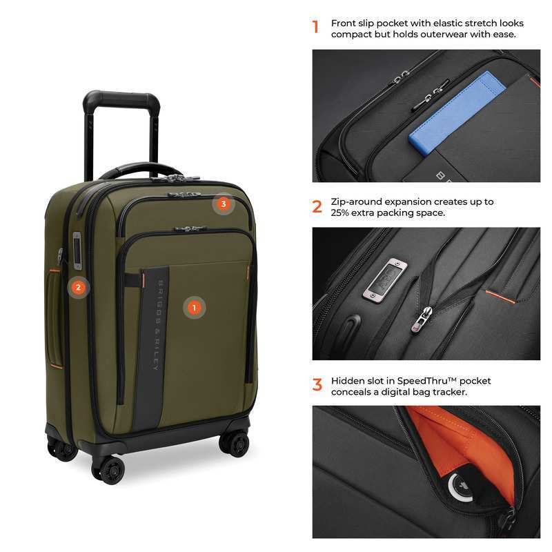 Briggs & Riley ZDX Global 21-inch softside carry-on in Hunter Green - Feature Highlights: Front Pocket, Expansion, and Tracker Pocket