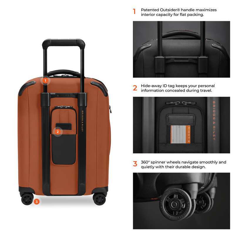 Briggs & Riley ZDX Global 21-inch softside carry-on in Canyon - Feature Highlights: Outsider Handle, ID Tag, and Spinner Wheels