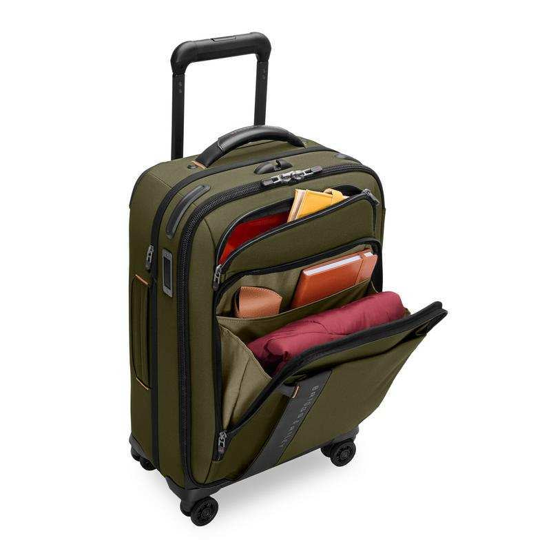 Briggs & Riley ZDX Domestic 22-inch expandable carry-on spinner in Hunter Green - Front Organizer Pocket with Contents
