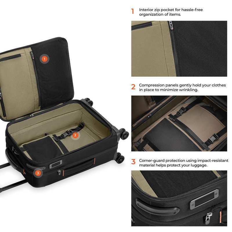 Briggs & Riley ZDX Domestic 22-inch expandable carry-on spinner in Black - Front Pocket and Expansion Details